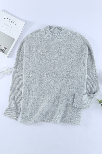 Grey High Neck Oversized Sweater With Slits - DunbiBeauty, LLC