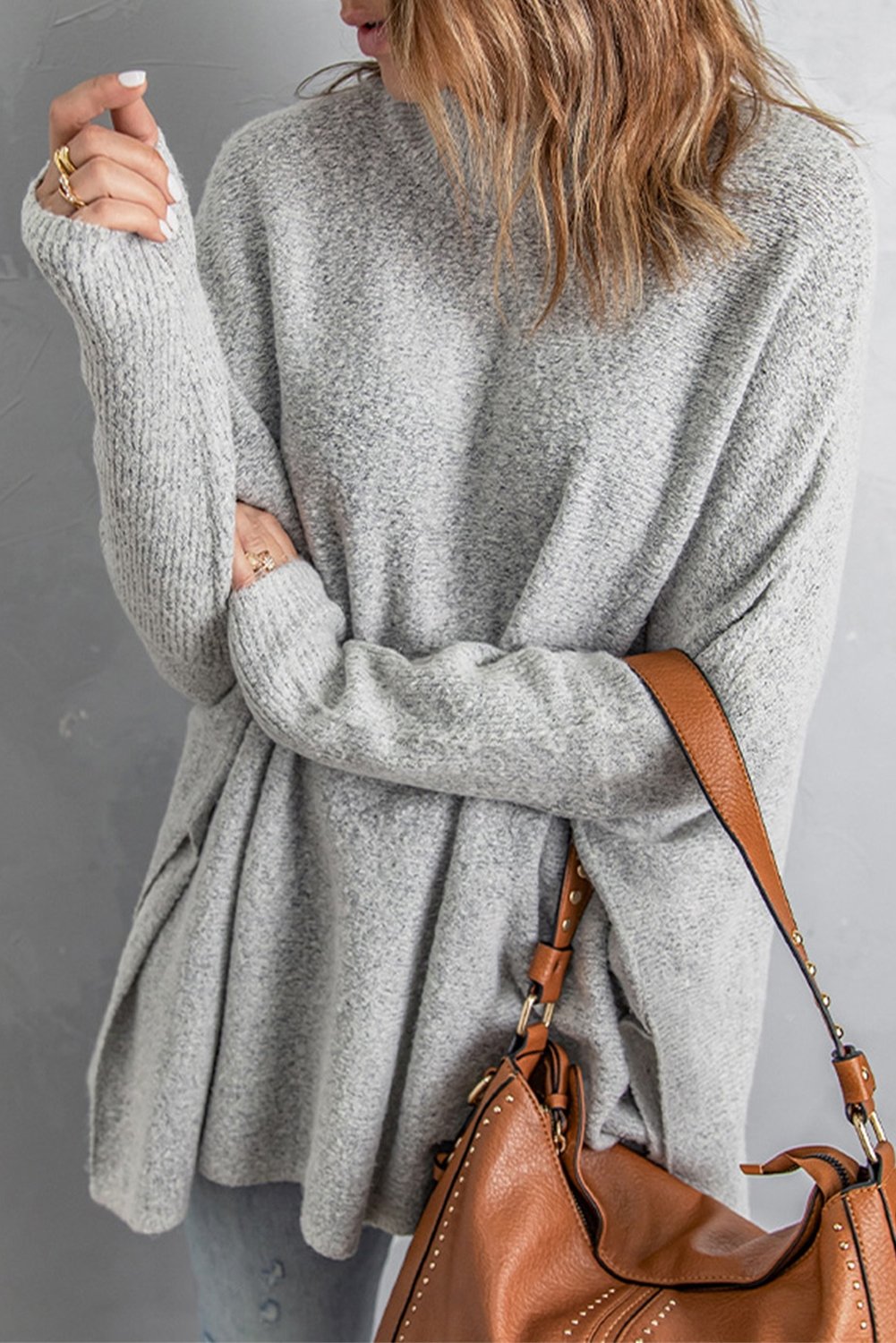 Grey High Neck Oversized Sweater With Slits - DunbiBeauty, LLC