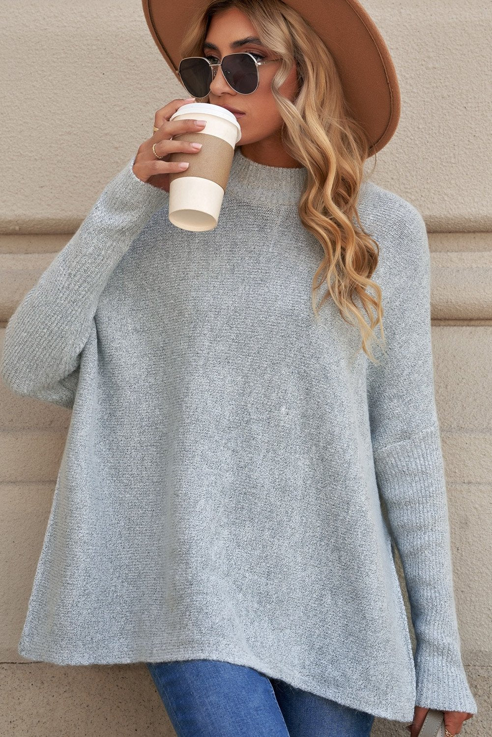 Grey High Neck Oversized Sweater With Slits - DunbiBeauty, LLC