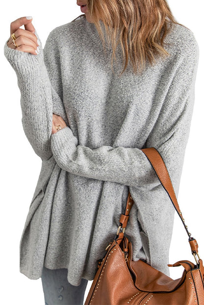 Grey High Neck Oversized Sweater With Slits - DunbiBeauty, LLC