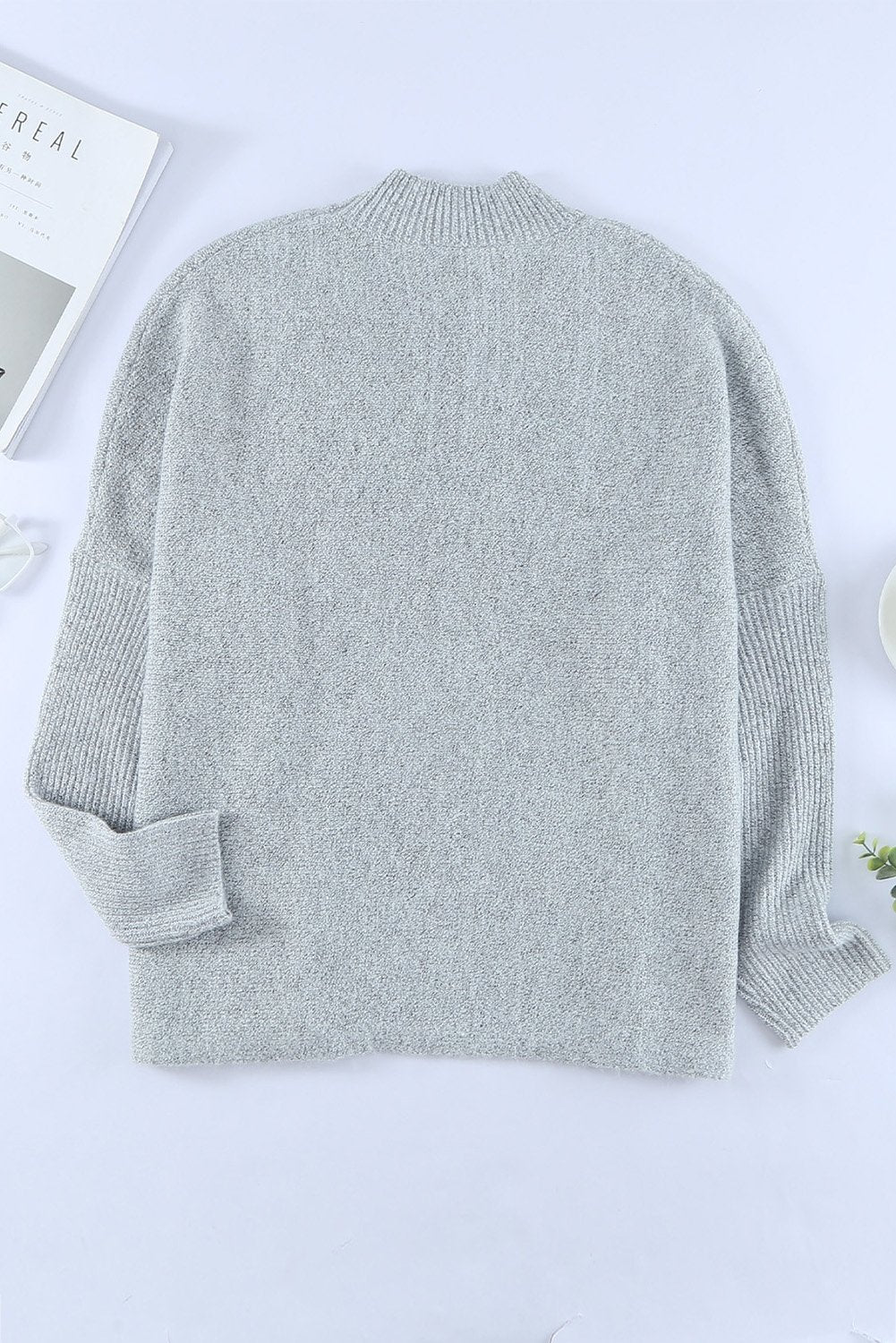 Grey High Neck Oversized Sweater With Slits - DunbiBeauty, LLC