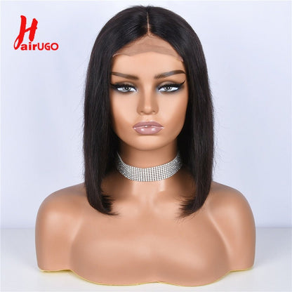 HairUGo 13*1 T Part Lace Wigs 4x4 Lace Closure Short Bob Wig Pre Plucked Brazilian Remy Straight Bob Human Hair Wigs For Women - DunbiBeauty, LLC