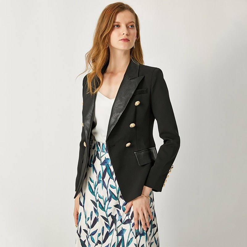 HarleyFashion Women's PU Leather Collar Blazer - DunbiBeauty, LLC