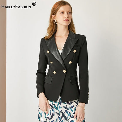 HarleyFashion Women's PU Leather Collar Blazer - DunbiBeauty, LLC