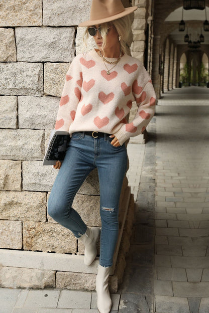 Heart Pattern Dropped Shoulder Sweater - DunbiBeauty, LLC