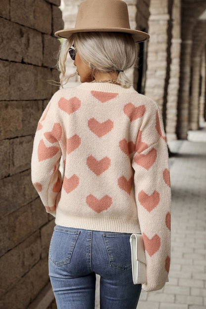 Heart Pattern Dropped Shoulder Sweater - DunbiBeauty, LLC