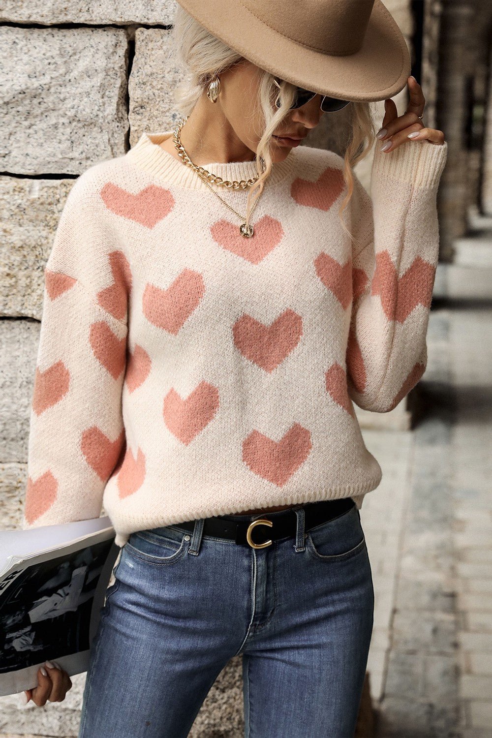 Heart Pattern Dropped Shoulder Sweater - DunbiBeauty, LLC