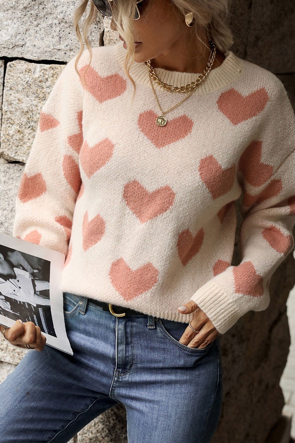 Heart Pattern Dropped Shoulder Sweater - DunbiBeauty, LLC