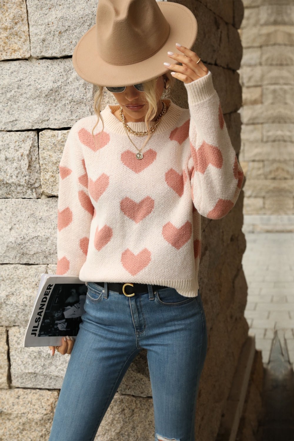 Heart Pattern Dropped Shoulder Sweater - DunbiBeauty, LLC