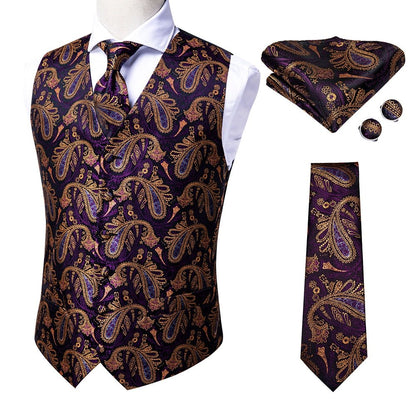 Hi-Tie Men's Silk 4 Piece Vest Handkerchief Cufflinks and Tie Set - DunbiBeauty, LLC