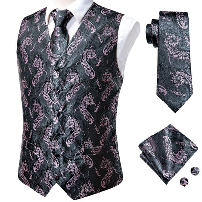 Hi-Tie Men's Silk 4 Piece Vest Handkerchief Cufflinks and Tie Set - DunbiBeauty, LLC