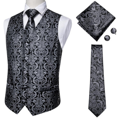 Hi-Tie Men's Silk 4 Piece Vest Handkerchief Cufflinks and Tie Set - DunbiBeauty, LLC