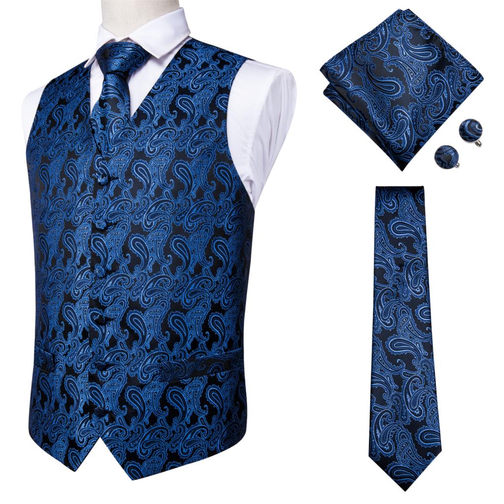 Hi-Tie Men's Silk 4 Piece Vest Handkerchief Cufflinks and Tie Set - DunbiBeauty, LLC