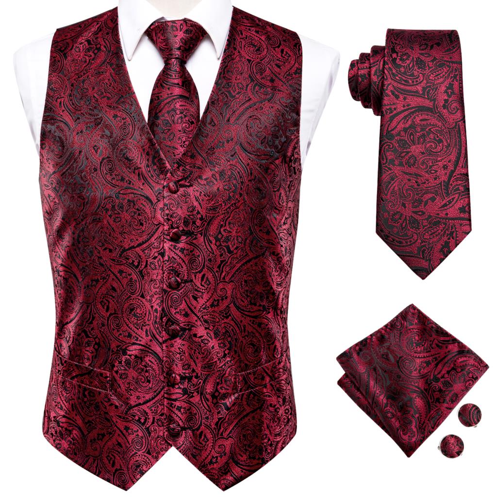 Hi-Tie Men's Silk 4 Piece Vest Handkerchief Cufflinks and Tie Set - DunbiBeauty, LLC