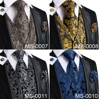 Hi-Tie Men's Silk 4 Piece Vest Handkerchief Cufflinks and Tie Set - DunbiBeauty, LLC