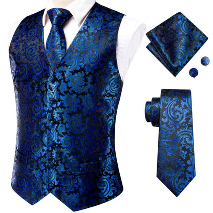 Hi-Tie Men's Silk 4 Piece Vest Handkerchief Cufflinks and Tie Set - DunbiBeauty, LLC