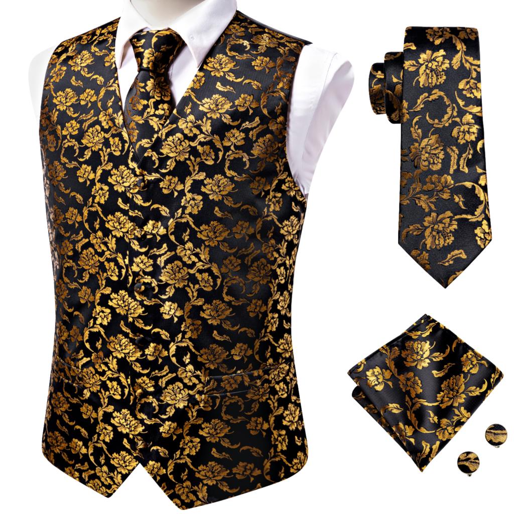 Hi-Tie Men's Silk 4 Piece Vest Handkerchief Cufflinks and Tie Set - DunbiBeauty, LLC