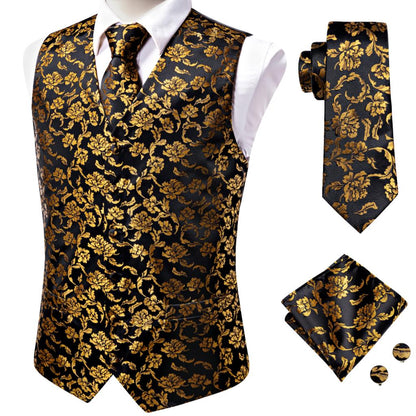 Hi-Tie Men's Silk 4 Piece Vest Handkerchief Cufflinks and Tie Set - DunbiBeauty, LLC