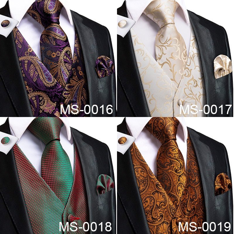 Hi-Tie Men's Silk 4 Piece Vest Handkerchief Cufflinks and Tie Set - DunbiBeauty, LLC