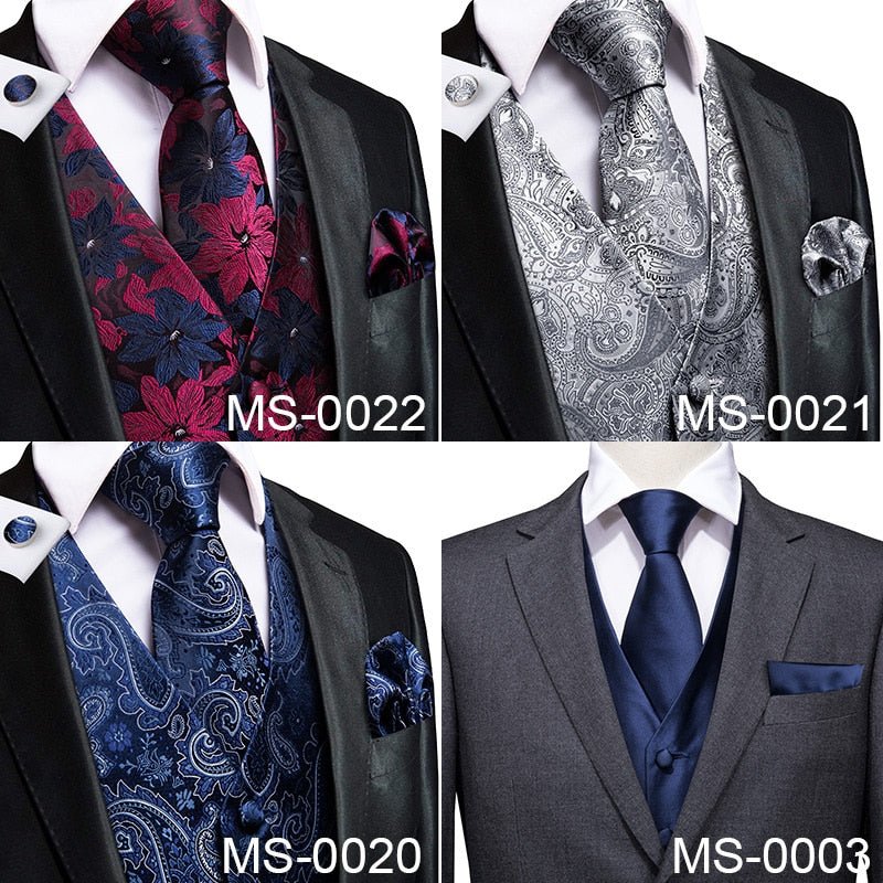 Hi-Tie Men's Silk 4 Piece Vest Handkerchief Cufflinks and Tie Set - DunbiBeauty, LLC