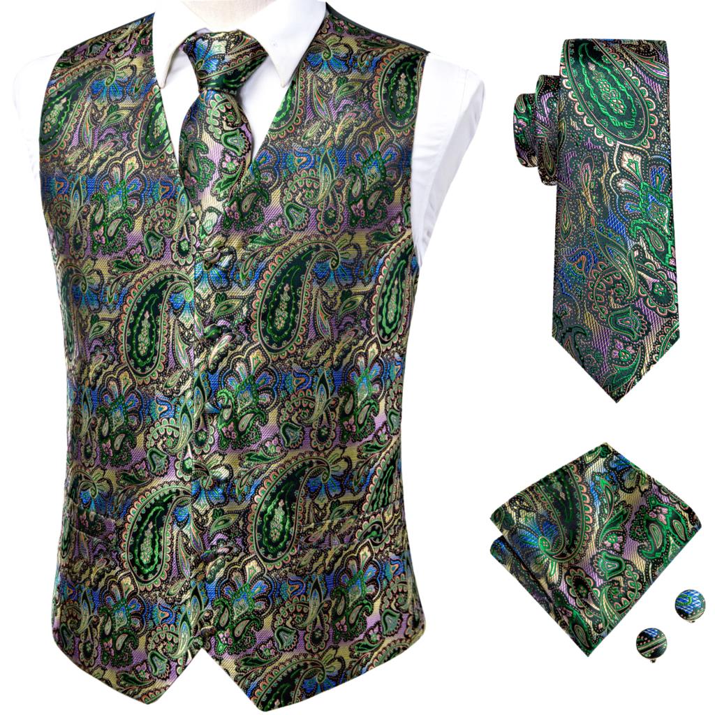 Hi-Tie Men's Silk 4 Piece Vest Handkerchief Cufflinks and Tie Set - DunbiBeauty, LLC