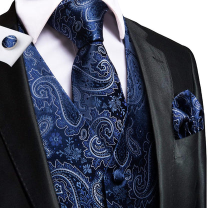 Hi-Tie Men's Silk 4 Piece Vest Handkerchief Cufflinks and Tie Set - DunbiBeauty, LLC