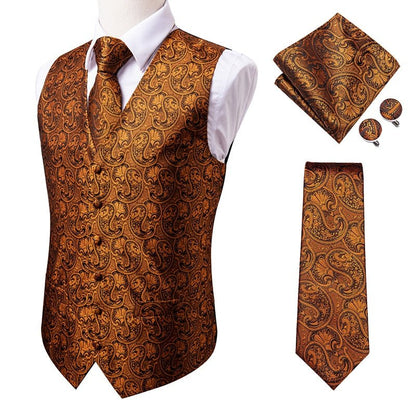 Hi-Tie Men's Silk 4 Piece Vest Handkerchief Cufflinks and Tie Set - DunbiBeauty, LLC