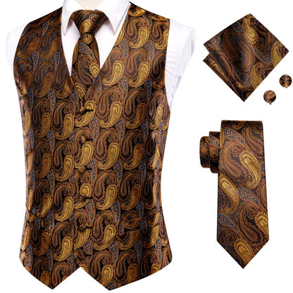 Hi-Tie Men's Silk 4 Piece Vest Handkerchief Cufflinks and Tie Set - DunbiBeauty, LLC