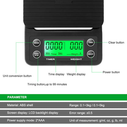 High Precision Digital Kitchen Scale Drip Coffee Scale With Timer LCD Display 3kg/0.1g 5kg/0.1g - DunbiBeauty, LLC