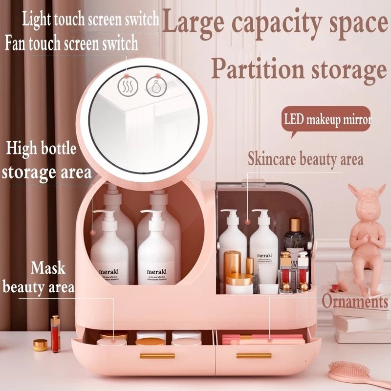 High Quality Makeup Storage Case LED Light With Fan Make Up Organizer Drawer Desktop Skincare Lipstick Cosmetic Beauty Box - DunbiBeauty, LLC