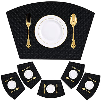 Homaxy Faux Leather Strip Woven Round Table Placemats, Set of 6 Heat Insulation Stain Resistant Non-Slip Table Mats for Kitchen Table, Washable Wipe Clean Fan Shape Wedge Place Mats, Black - DunbiBeauty, LLC