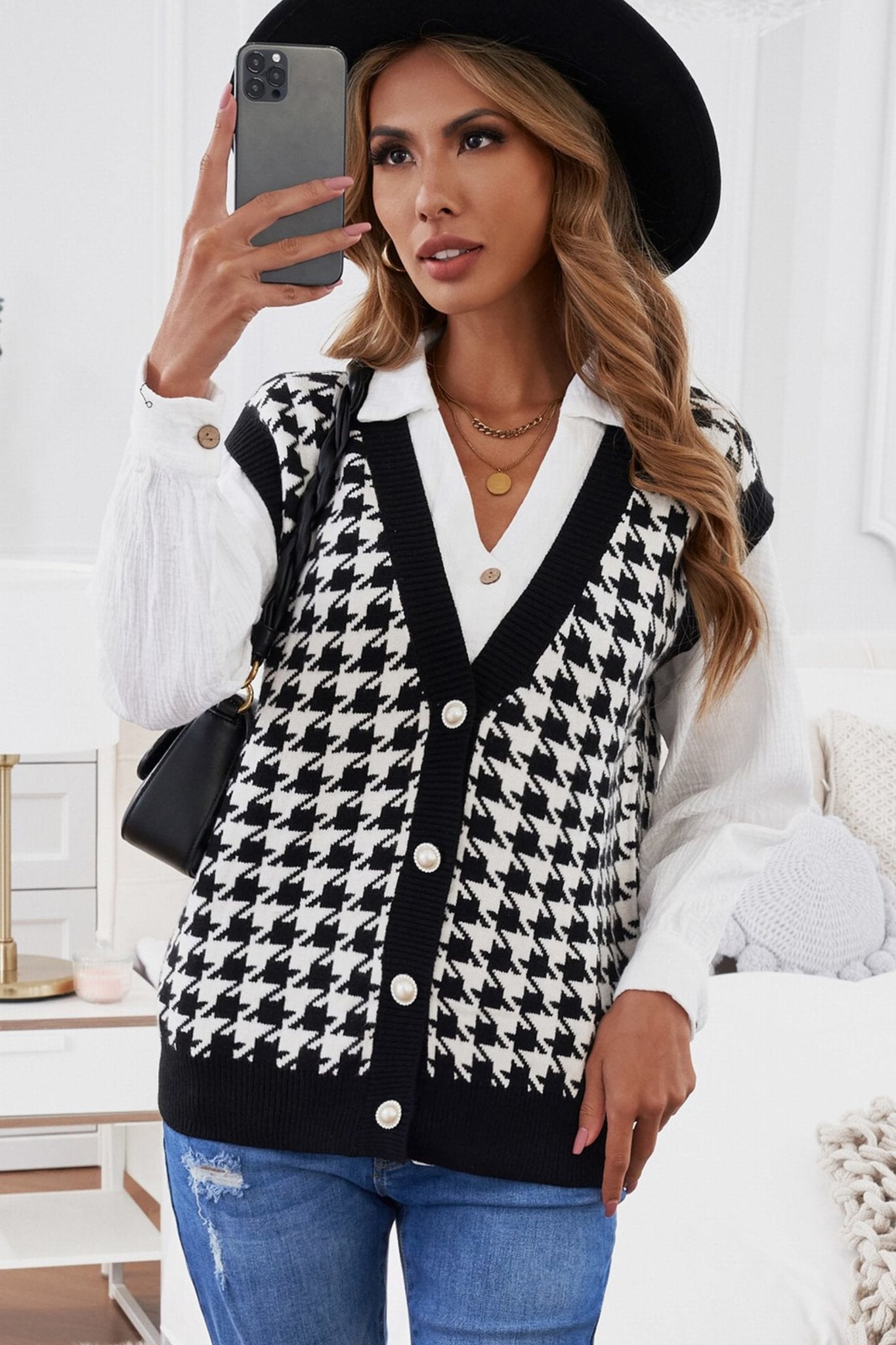 Houndstooth Vest Cardigan - DunbiBeauty, LLC