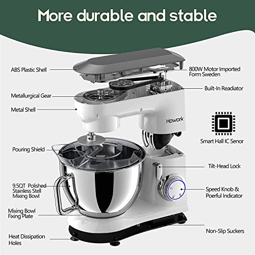 HOWORK 800W Metal Stand Mixer, 9.5QT Bowl 10+P-Speed Food Mixer, Tilt-Head Kitchen Electric Mixer with Dough Hook, Flat Beater & Egg Whisk, Dishwasher Safe (9.5 QT, White) - DunbiBeauty, LLC