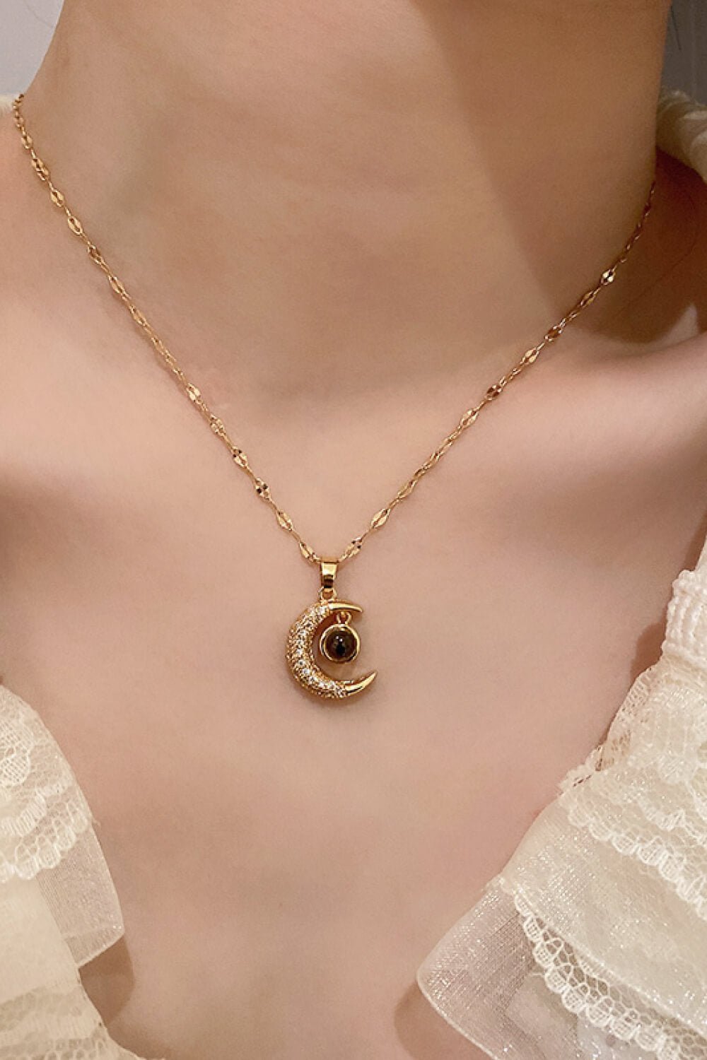 Inlaid Cubic Zirconia Moon Pendant Necklace - DunbiBeauty, LLC