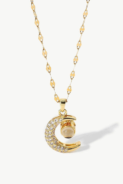 Inlaid Cubic Zirconia Moon Pendant Necklace - DunbiBeauty, LLC