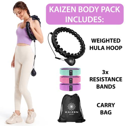 Kaizen Body Smart Weighted Hula Hoop for Adults - 24 Piece Detachable Infinity Hoops with 3 Resistance Bands & A Carry Bag | Portable, Durable & High-Quality Material - Plus Size, Exercise Hoola Hoop - DunbiBeauty, LLC