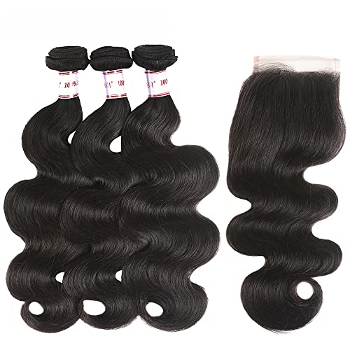 Karbalu 10A Brazilian Human Hair Body Wave 3 Bundles with Lace Closure 4x4 Free Part 100% Unprocessed Remy Human Hair Bundles with Closure Wet and Wavy Double Weft Natural Color (14 16 18+12) - DunbiBeauty, LLC