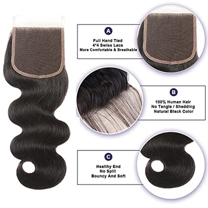 Karbalu 10A Brazilian Human Hair Body Wave 3 Bundles with Lace Closure 4x4 Free Part 100% Unprocessed Remy Human Hair Bundles with Closure Wet and Wavy Double Weft Natural Color (14 16 18+12) - DunbiBeauty, LLC