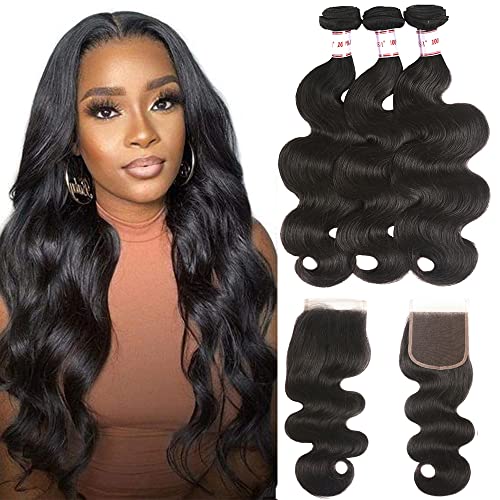 Karbalu 10A Brazilian Human Hair Body Wave 3 Bundles with Lace Closure 4x4 Free Part 100% Unprocessed Remy Human Hair Bundles with Closure Wet and Wavy Double Weft Natural Color (14 16 18+12) - DunbiBeauty, LLC