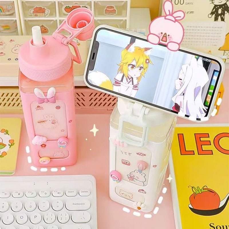 Kawaii Bear Pastel Water Bottle With 3D Sticker 700ml/900ml Plastic Travel Tea Juice Milk Portable Cute Shaker Drink Bottle Gift - DunbiBeauty, LLC