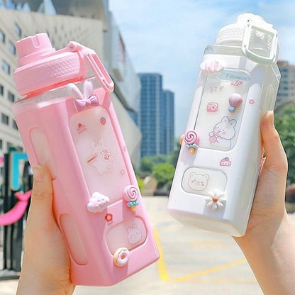 Kawaii Bear Pastel Water Bottle With 3D Sticker 700ml/900ml Plastic Travel Tea Juice Milk Portable Cute Shaker Drink Bottle Gift - DunbiBeauty, LLC