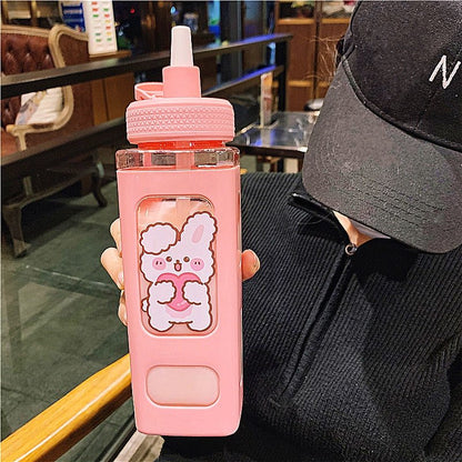 Kawaii Bear Pastel Water Bottle With 3D Sticker 700ml/900ml Plastic Travel Tea Juice Milk Portable Cute Shaker Drink Bottle Gift - DunbiBeauty, LLC