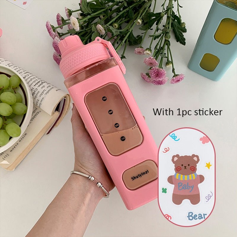 Kawaii Bear Pastel Water Bottle With 3D Sticker 700ml/900ml Plastic Travel Tea Juice Milk Portable Cute Shaker Drink Bottle Gift - DunbiBeauty, LLC