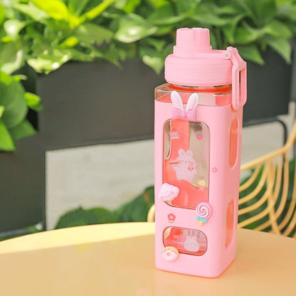 Kawaii Bear Pastel Water Bottle With 3D Sticker 700ml/900ml Plastic Travel Tea Juice Milk Portable Cute Shaker Drink Bottle Gift - DunbiBeauty, LLC