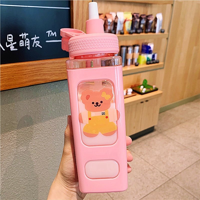 Kawaii Bear Pastel Water Bottle With 3D Sticker 700ml/900ml Plastic Travel Tea Juice Milk Portable Cute Shaker Drink Bottle Gift - DunbiBeauty, LLC