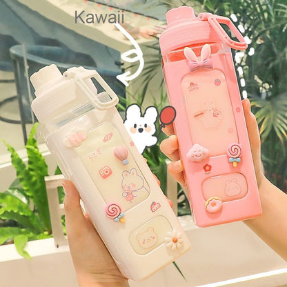 Kawaii Bear Pastel Water Bottle With 3D Sticker 700ml/900ml Plastic Travel Tea Juice Milk Portable Cute Shaker Drink Bottle Gift - DunbiBeauty, LLC