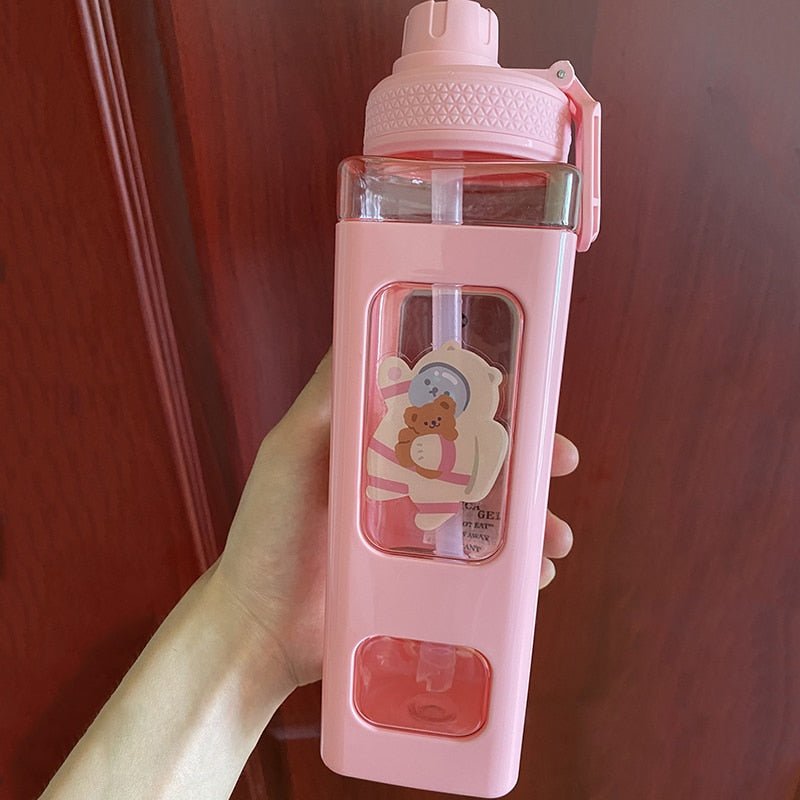 Kawaii Bear Pastel Water Bottle With 3D Sticker 700ml/900ml Plastic Travel Tea Juice Milk Portable Cute Shaker Drink Bottle Gift - DunbiBeauty, LLC