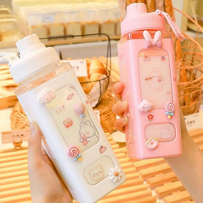 Kawaii Bear Pastel Water Bottle With 3D Sticker 700ml/900ml Plastic Travel Tea Juice Milk Portable Cute Shaker Drink Bottle Gift - DunbiBeauty, LLC