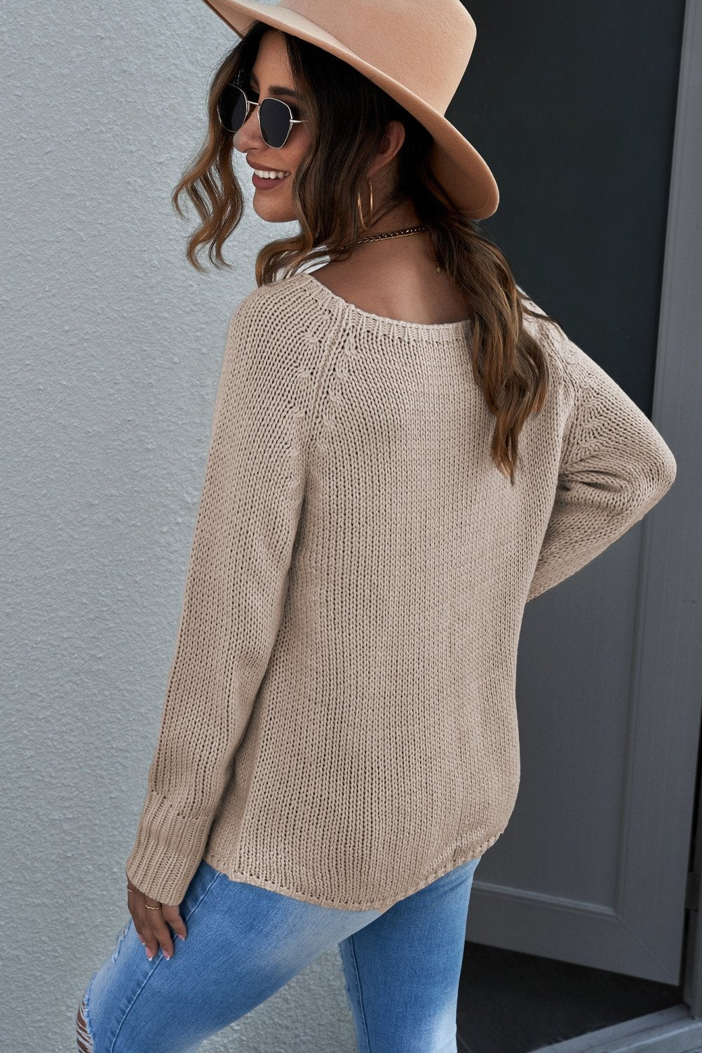 Khaki Loose Long Sleeve Knitted Sweater - DunbiBeauty, LLC