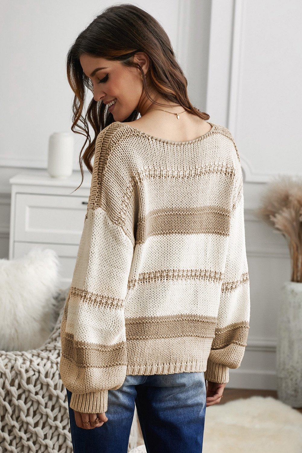 Khaki V-Neck Knitted Lantern Sleeve Pullover Sweater - DunbiBeauty, LLC